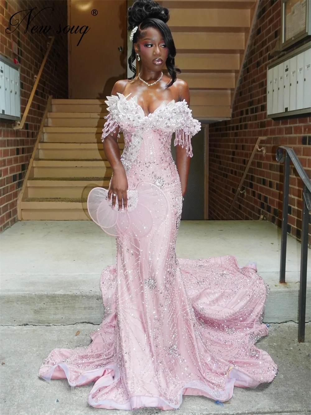 African Pink Off Shoulder Evening Dresses Aso Ebi Black Girls Beaded Crystals Engagement Gowns Customized Cocktail Party Dress