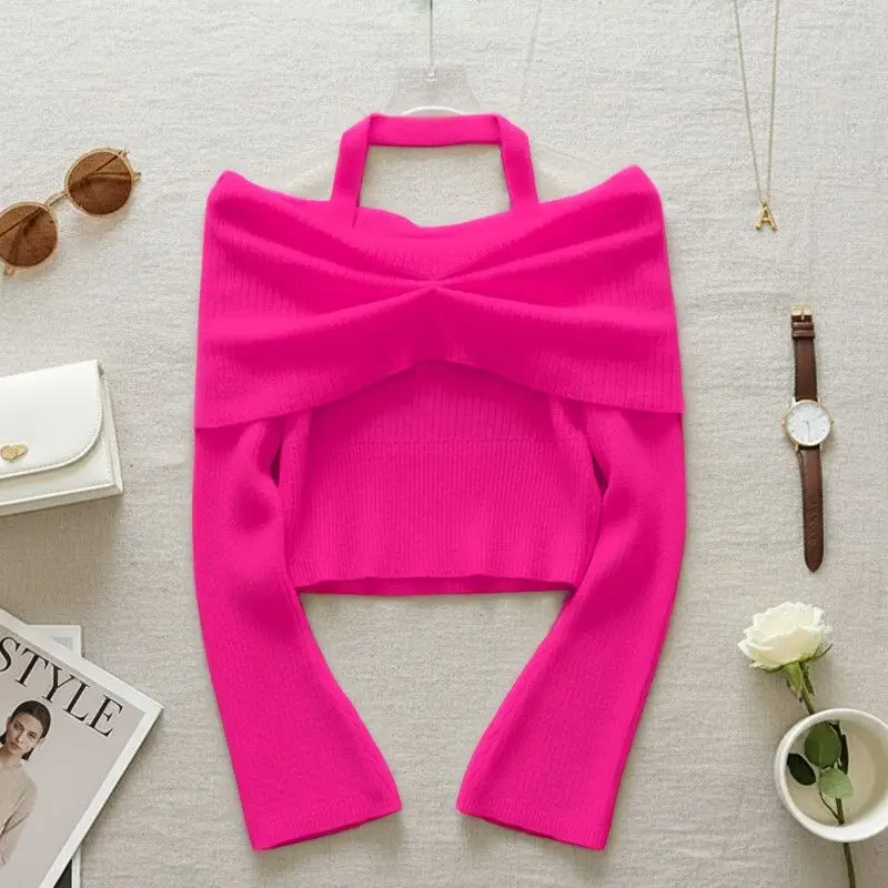 Ladies Y2K Halter Off‑Shoulder Knit Pullover Elastic Twist Front Long Sleeve Cropped Sweater Jumper Women Club Party Daily Tops