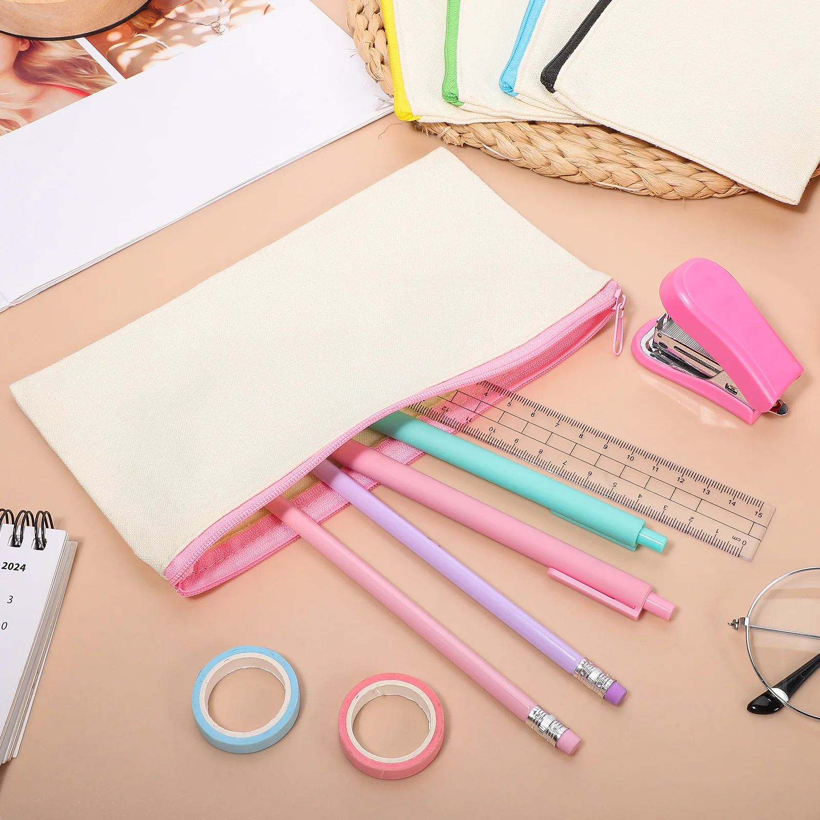 

10Pcs Canvas Pencil Pouches Zippered Pen Bags Multi-Use Stationery Organizers for School Office Dorm Colorful Zip Closure