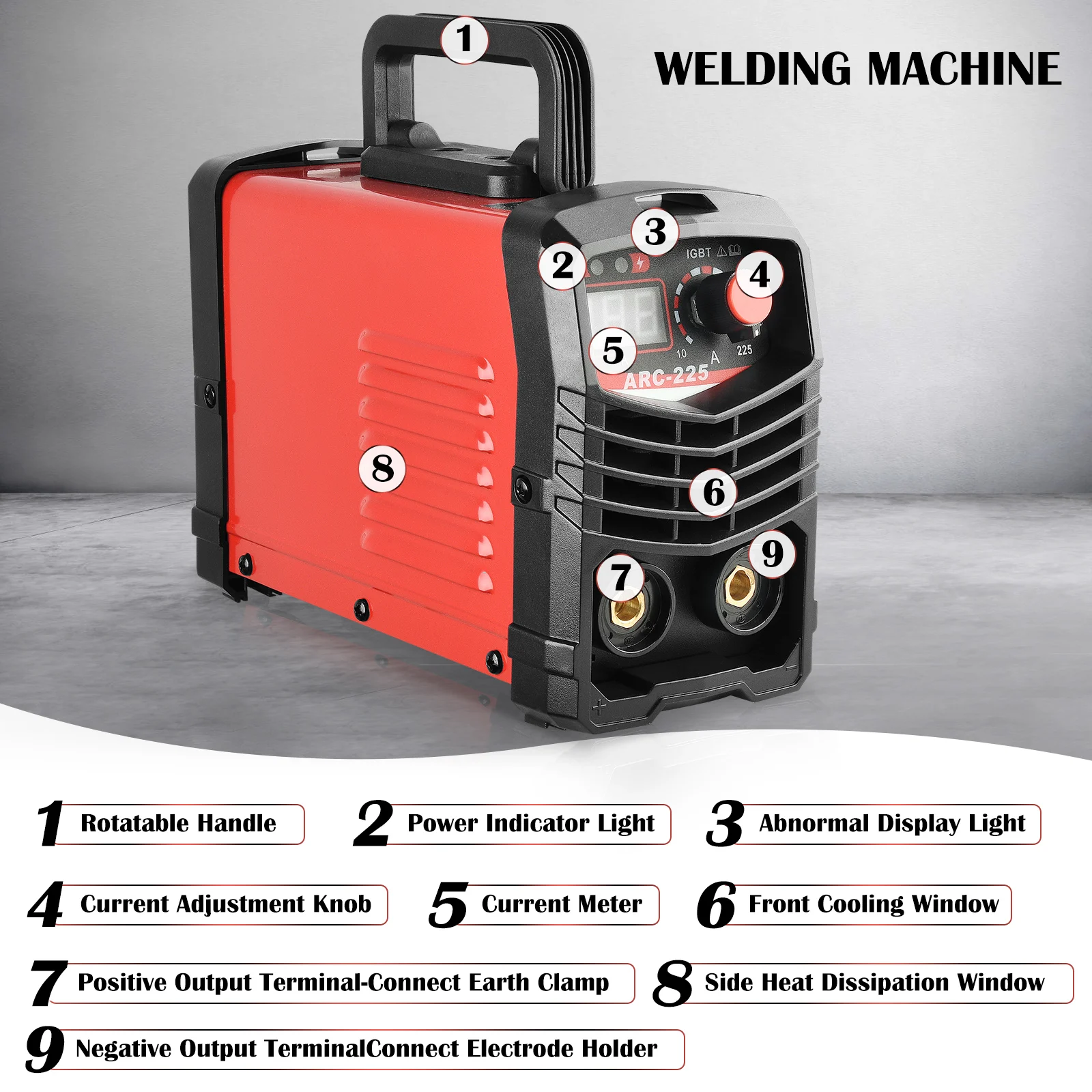 ARC-225 Welding Machine IGBT Electric LCD Welder Inverter Portable Welder with Electrode Holder Grounding Clip Mask Brush