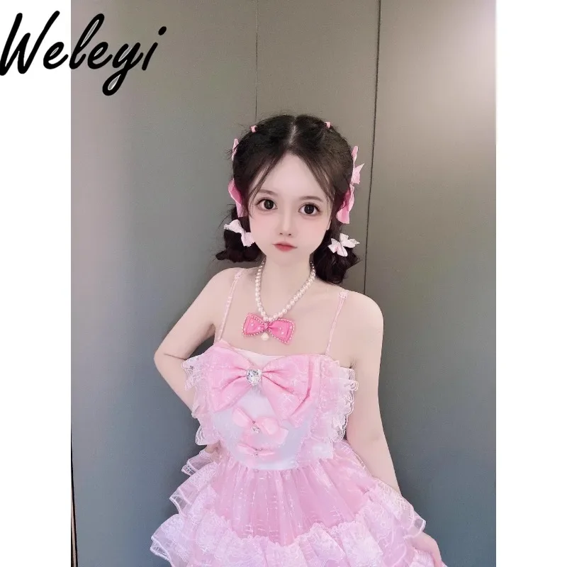 Lolita Kawaii Sling Dress Women\'s Fashion Summer Clothing New Cute Sweet Shiny Pink Bow Rojita A Line Elegant Princess Dresses