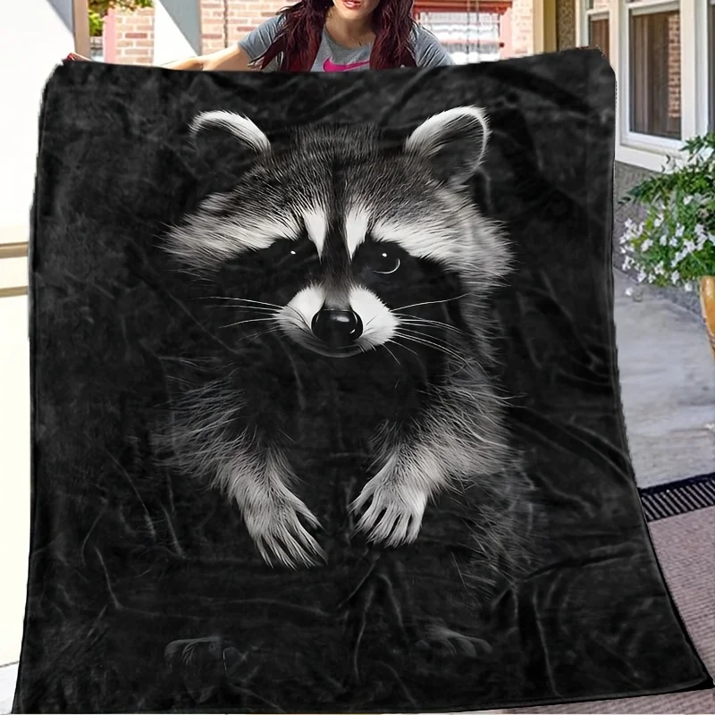 A Black Raccoon Print Blanket - Soft And Comfortable for All Seasons, Essential for Camping, Sofas, And Travel - Machine Washabl