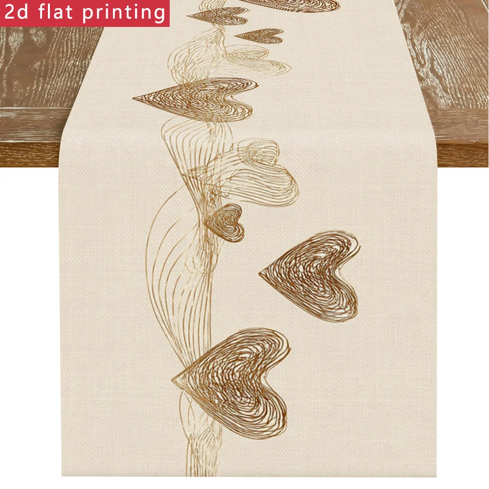 1 Piece Brown Hand-Painted Table Runner with Heart-Shaped Pattern, Suitable for Farmhouse, Indoor, Kitchen, Celebrations, Table Decoration, Restaurant, and Banquet Decoration Supplies