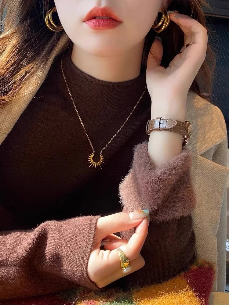 سترة نسائية من قطعة واحدة من Thiened Fce لخريف وشتاء f بياقة عالية طويلة محبوكة irt دافئة جذابة Sle... #2