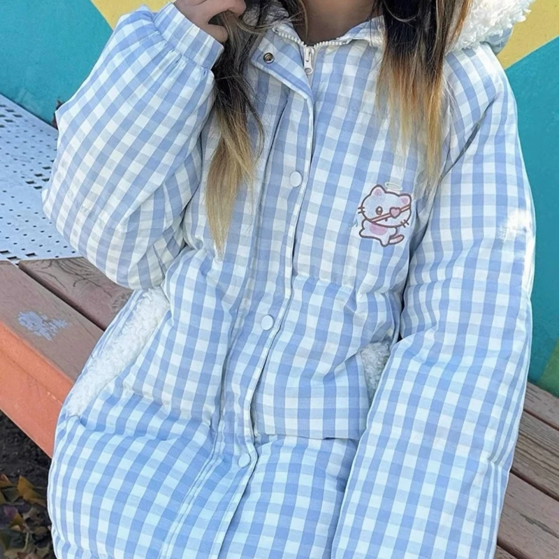 Japanese Kawaii Preppy Style Winter Embroidery Warm Women Parka Cute Embroidery Hooded Tops Plush Velvet Lined Down Padded Coat