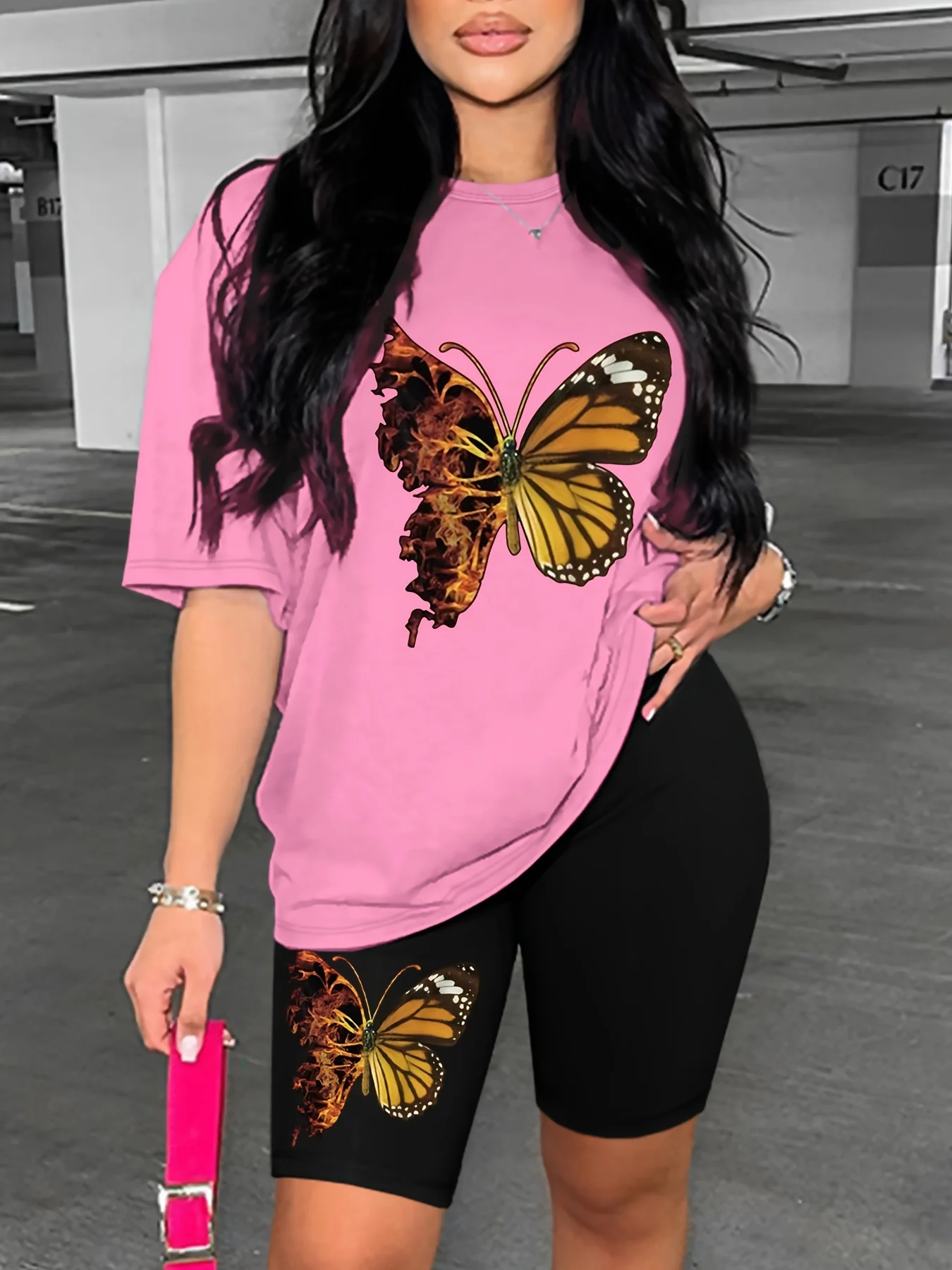 Women's Summer Casual Fashion Butterfly Pattern Printed Loose Round Neck Short Sleeved T-Shirt+Tight Shorts Two-Piece Set