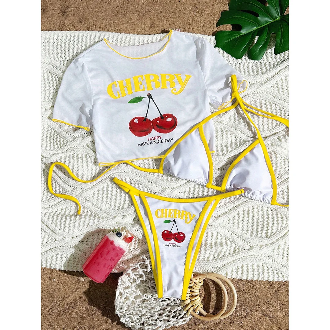 S - XL, 13 Farben, bedrucktes, dreiteiliges Bikini-Set, Bikini mit kurzen Ärmeln, Damen-Badeanzug, Damen-Badebekleidung, Badeanzug, Badebekleidung, Modell V6854G. – Detail 26
