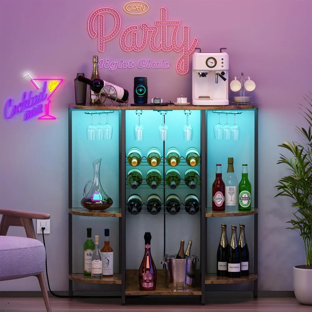 

Bar Cabinet with LED Lights & Power Outlets, Freestanding Mini Bar for Liquor and Coffee, Wine Rack with Glass Holder, for Kitch