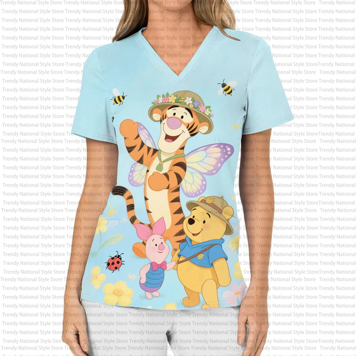 Disney Winnie de Poeh verpleegster dames ziekenhuis dierenwinkel T-shirt, dames werk verpleegster uniform bedrukte V-hals verpleegkundige matte top