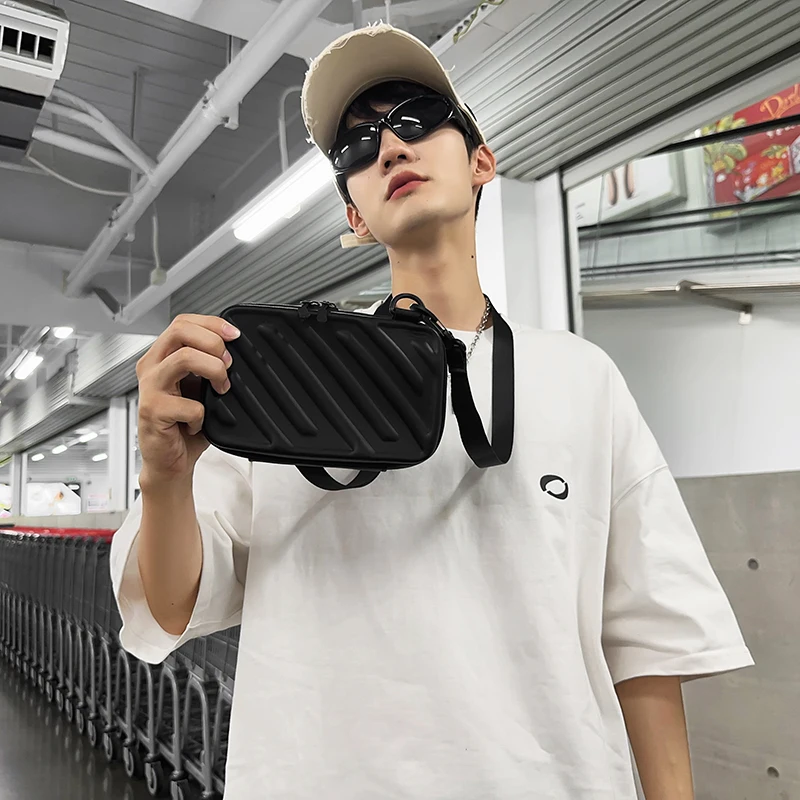 Fashionable Diagonal Striped Crossbody Bags for Men Trendy Box Bag Unisex Shoulder Phone Bag Pressed Shell Men\'s Messenger Bag