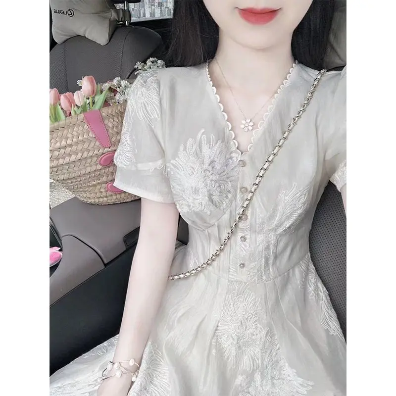 Gaganight Women French Sweet Gentle V neck Embroidered High End Dress Female 2024 Summer New Waist Slimming Long Dresses Female