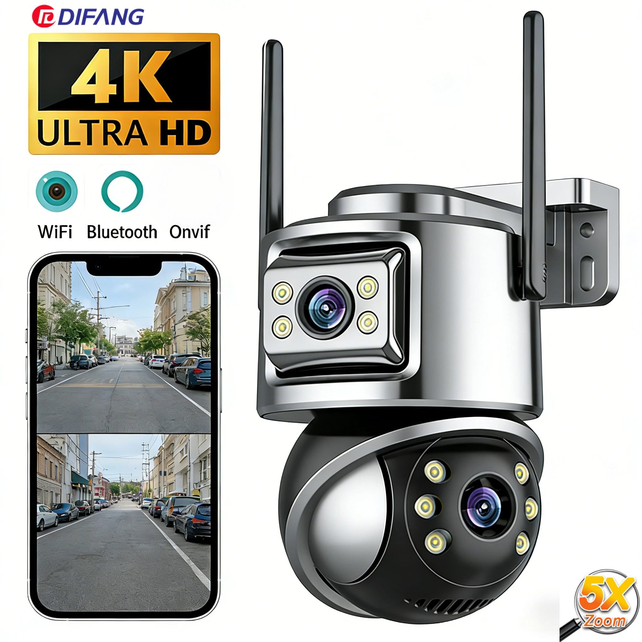 8MP Dual Screen WiFi Camera Icsee P2P Mini CCTV Dome Ai Tracking Waterproof External IP Camera Security Protection