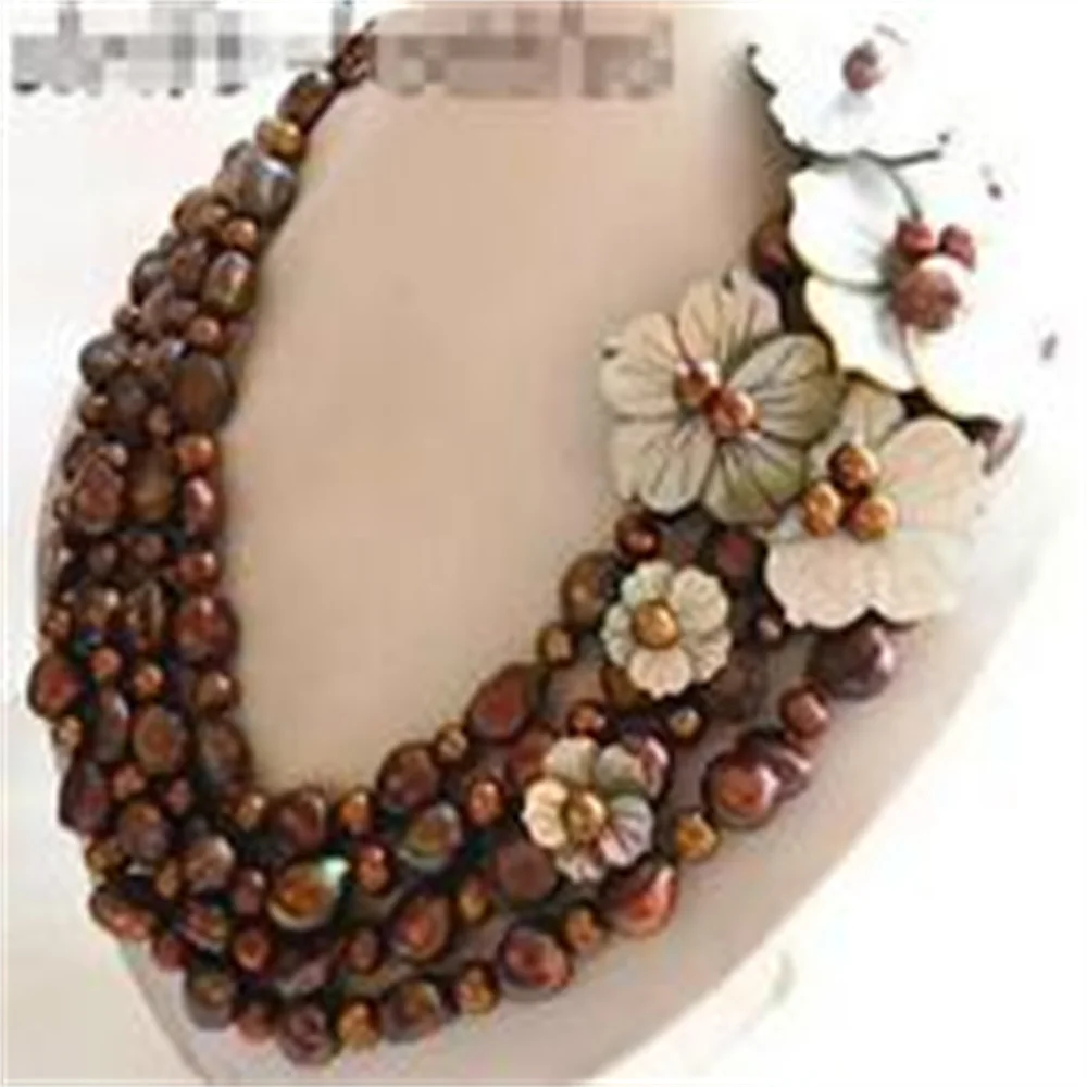 4Srands 18\'\' 12mm Black Coffee White Baroque Round Freshwater Pearl Shell Flower Necklace