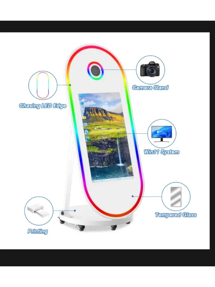 60-Inch oval mirror photo booth with wheeled camera selfie photo booth for wedding parties