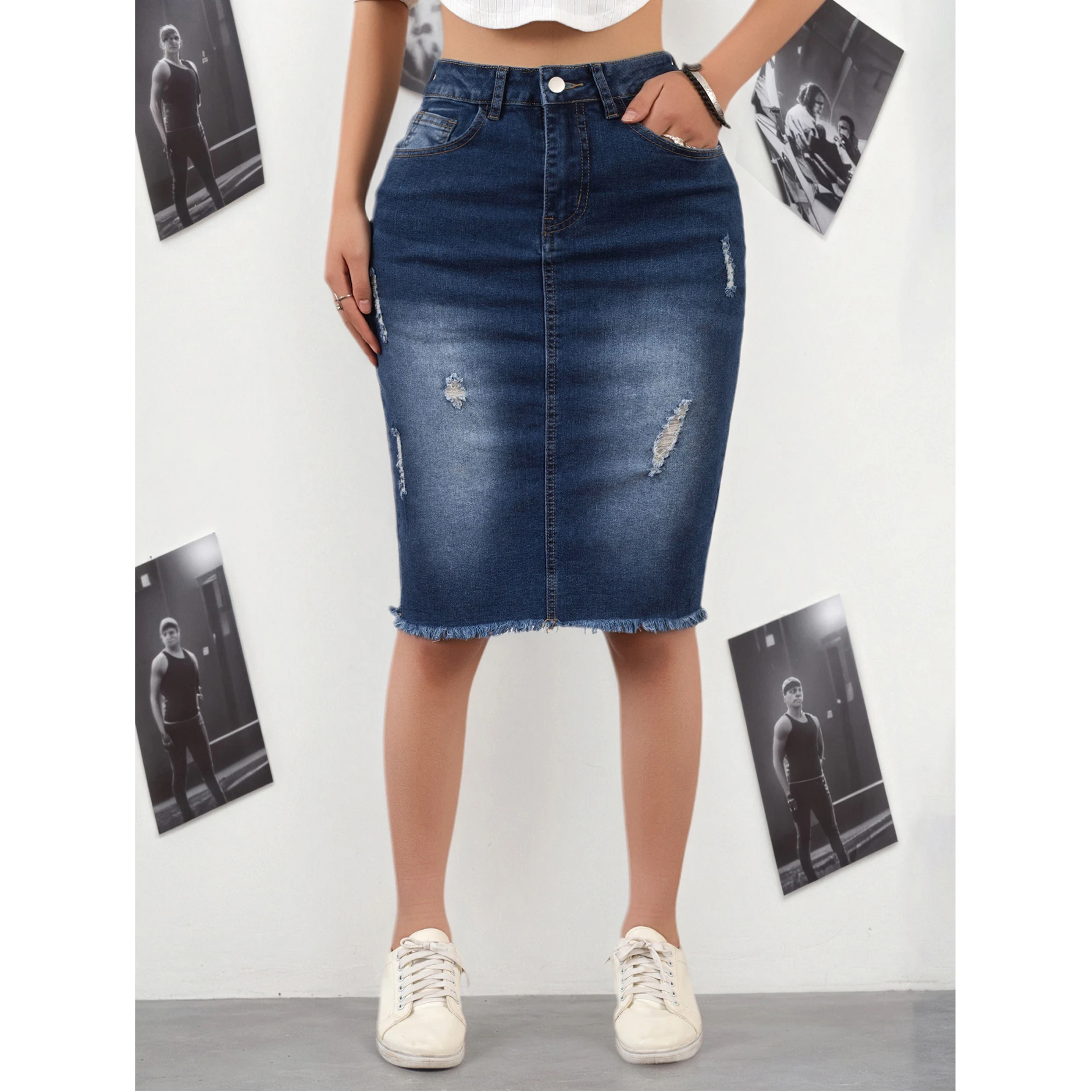 Women's Deep Blue Casual Versatile Tear Hem Denim Skirt Mid-Length Wrap Around Spring Summer Autumn Suitable for Casual