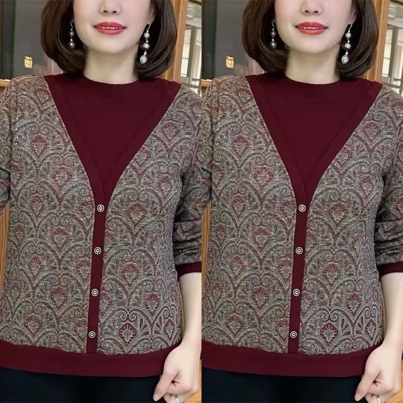 Warm Fleece Lined Loose Women's Top Fake Two-Piece Style Autumn Winter New Design for Middle-Aged And Elderly Slimming Versatile