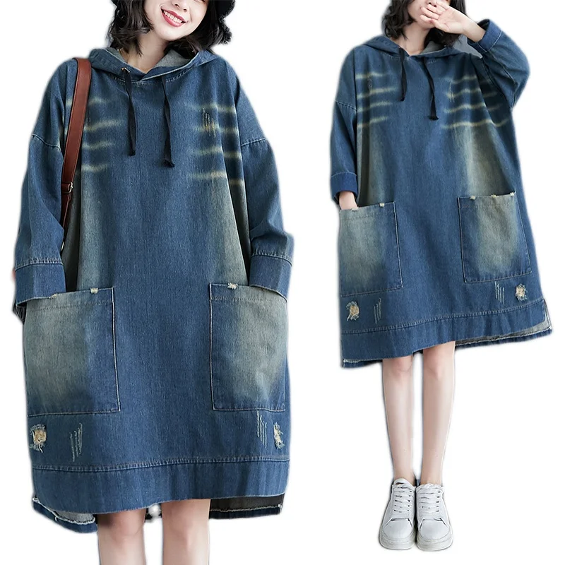 

Retro Hole Denim Dr plus Size Autumn Winter Women's Loose Covering Slimming Mid-Length Hooded Dr Casual Sle Long Sve