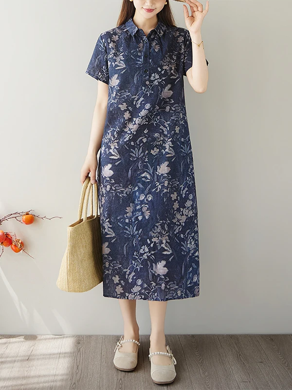 

2026 New Summer Short Sleeve Floral Linen Dress Artistic Loose Waist A-Line Skirt Lightweight Casual Comfortable Mid-aged plu...