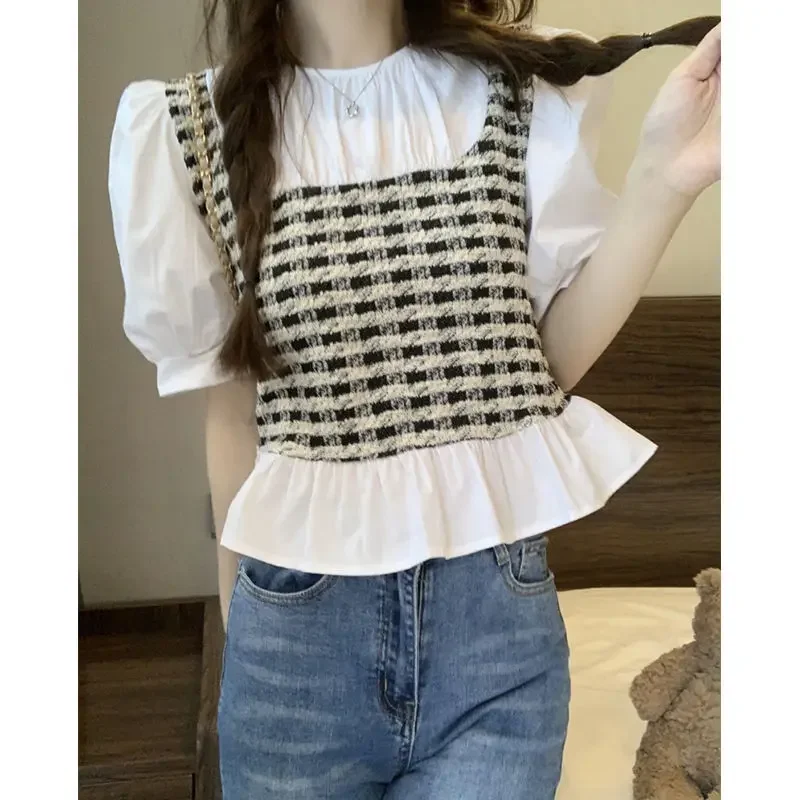 

Sweet Spliced Ruffles Striped Puff Sleeve Fake Two Piece Blouse Women's Clothing 2023 Summer New Casual Pullovers Plaid Shirt