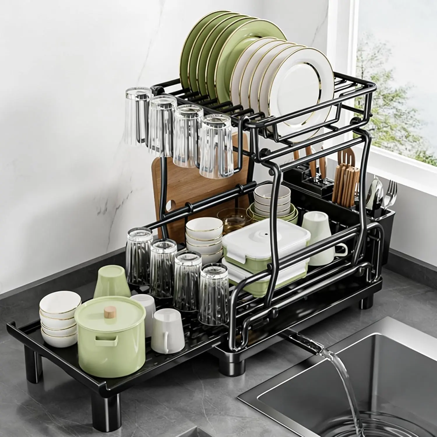

Большая 2-уровневая раздвижная сушилка для посуды, прочная настольная сушилка-органайзер для кухонной столешницы с держателем для столовых приборов, черная