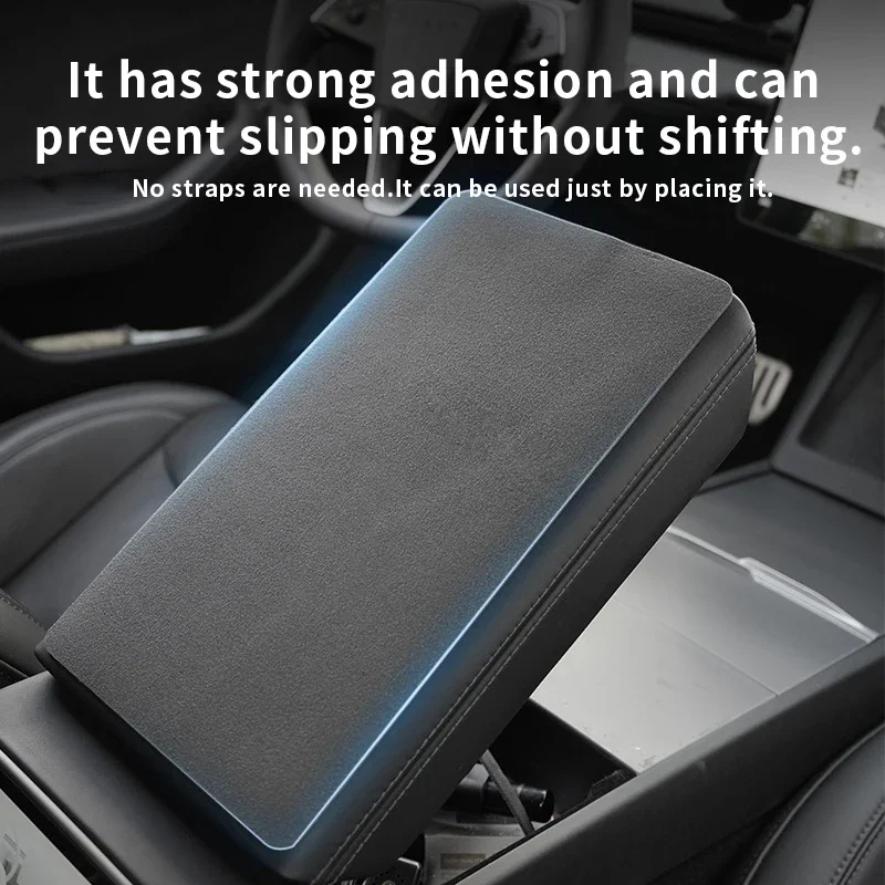 Black Suede Anti-Slip Central Armrest Box Pad & Protective Cover for Tesla Updated Model 3/Y – Carbon Flash