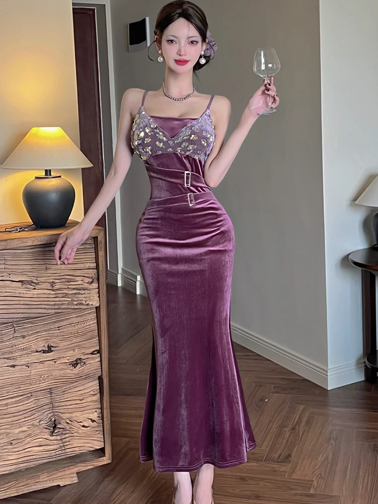 الصيف الأرجواني الساتان المرقعة الترتر مثير فستان بكتافة المرأة أنيقة فاخرة فستان طويل 2025 الكورية خمر Bodycon مساء فستان #4