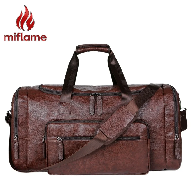 Luxury Men's Travel Bag PU Leather Textured Vintage Extra Large Capacity Shoulder Crossbody Purse Handbag for Business Trip