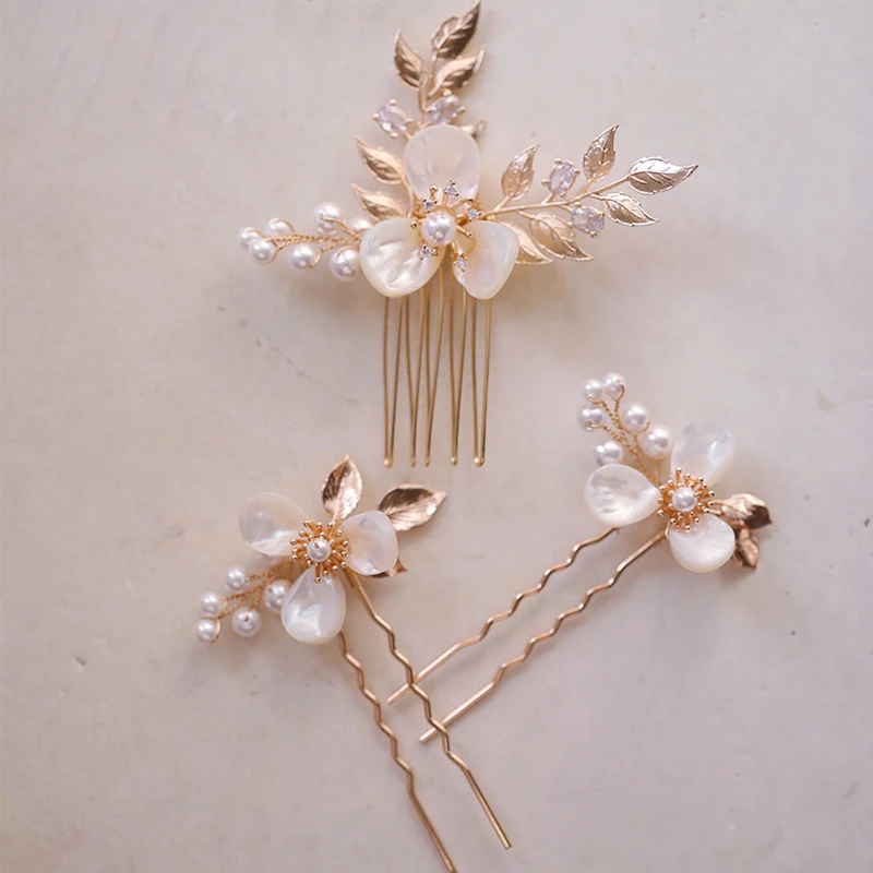 Shell  Flower Bridal Comb Hair Pins Set Gold Silver Color Pearls Jewelry Wedding Prom Women Headpiece Bobby Pin