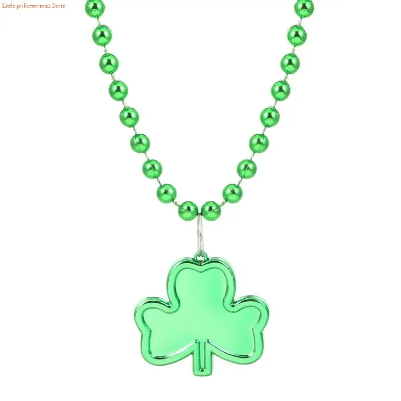 F92D St Patricks Day Shamrock Beads Necklaces Lucky Grass Jewelry Party Favor