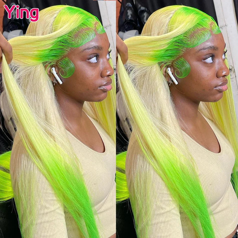 

Ying Hair Omber Green Blonde Bone Straight 13X6 Lace Frontal Wig Ying Hair 180% Brazilian Remy 613 13X4 Transparent Lace Wigs