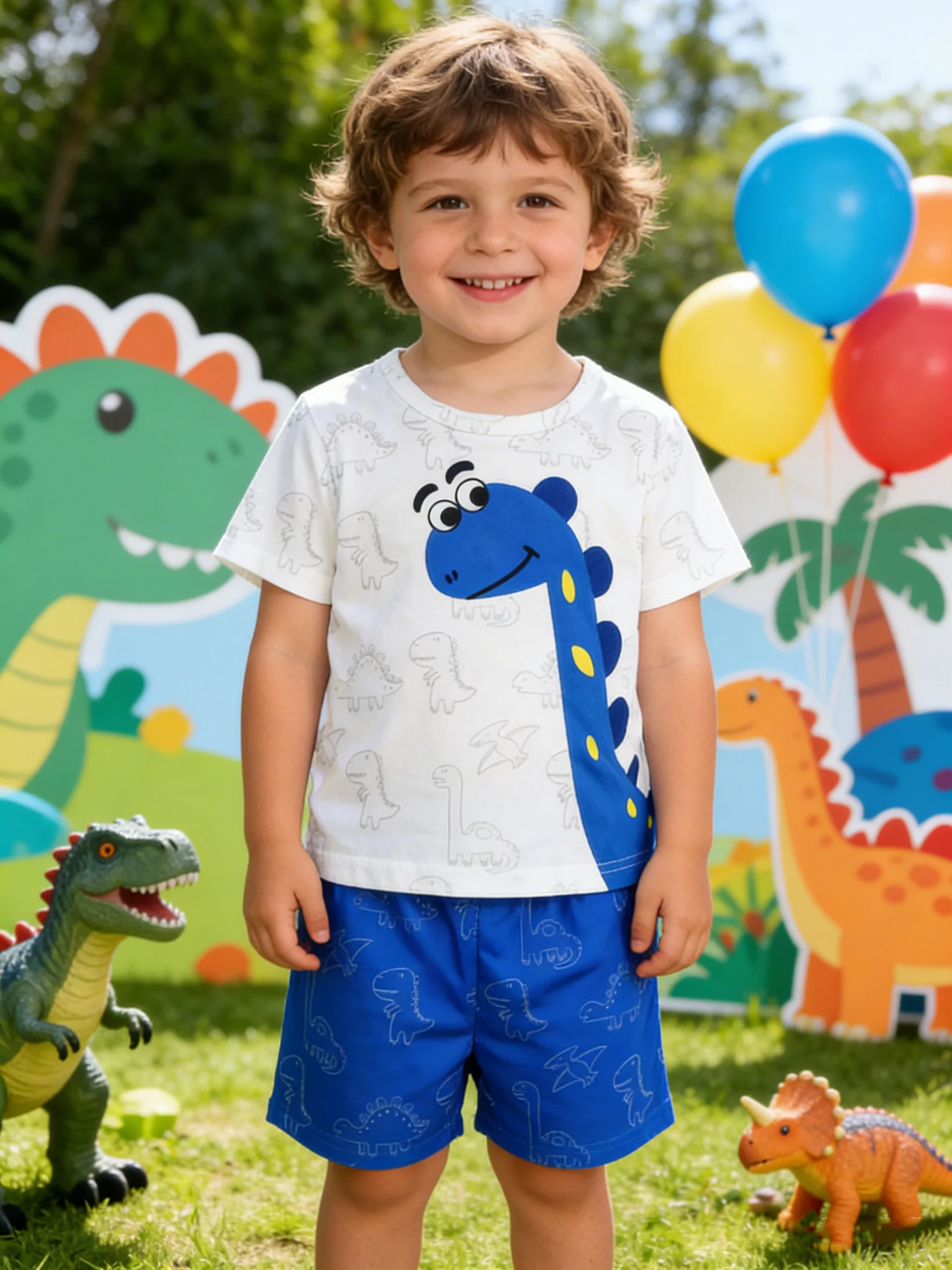 Fresh & Eye-Catching: Dinosaur Tee + Shorts – A Vibrant Outfit for Your Little Guy