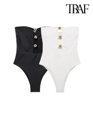 TRAF-Front With Metal Hollow Out Bodysuits for Women, Straight Neck, Skinny, Female Playsuits, Sexy Fashion