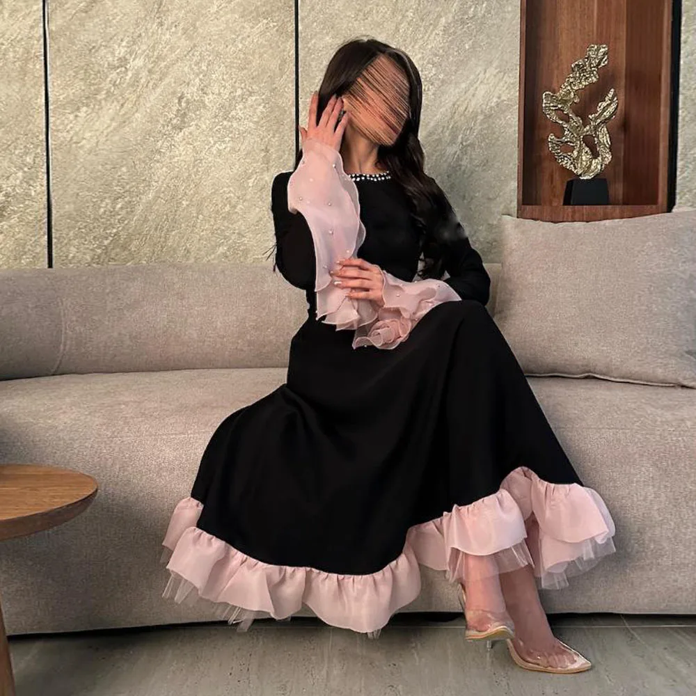 Customized Black Dresses with Pink Trim O Neck Flare Sleeve Formal Prom Dress Ruffles Hem Ankle Length Formal Maxi Dresses