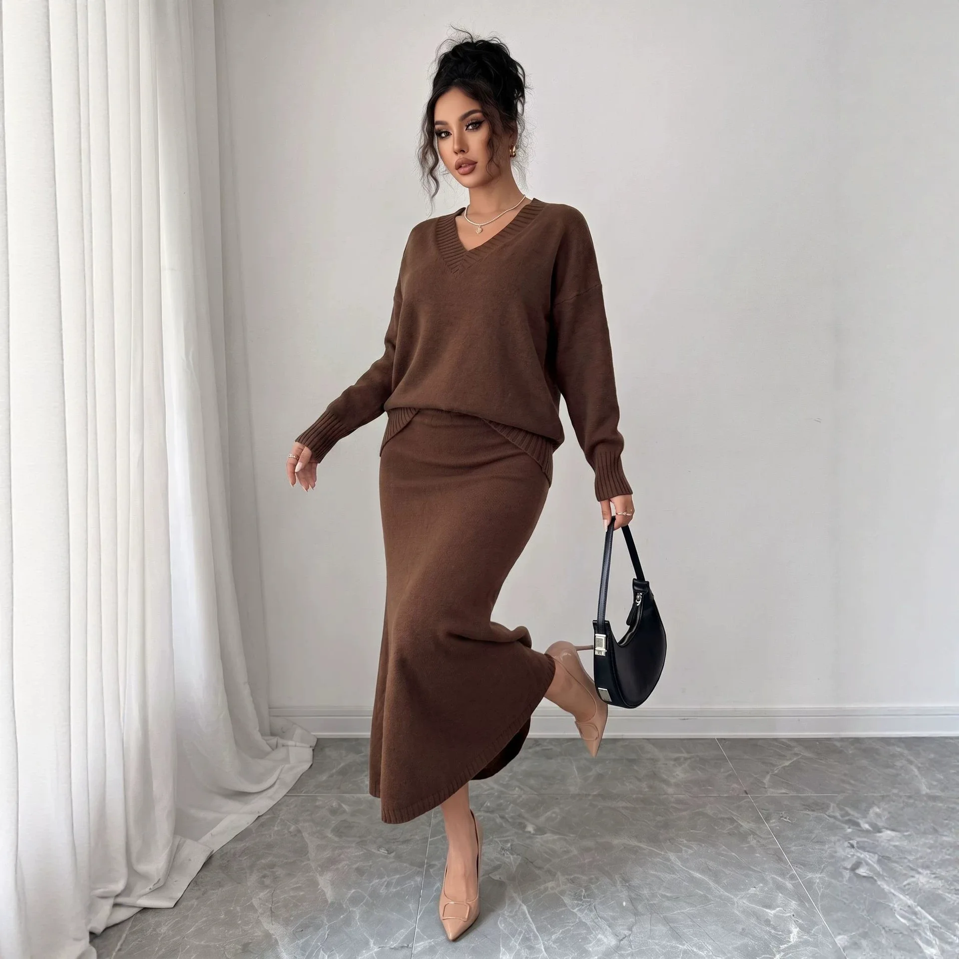 2026 Women V Neck Oversized Knit Sweater Mermaid Long Skirt 2 Piece Set Long Sleeve Solid Loose Fall Winter Knit Matching Outfit