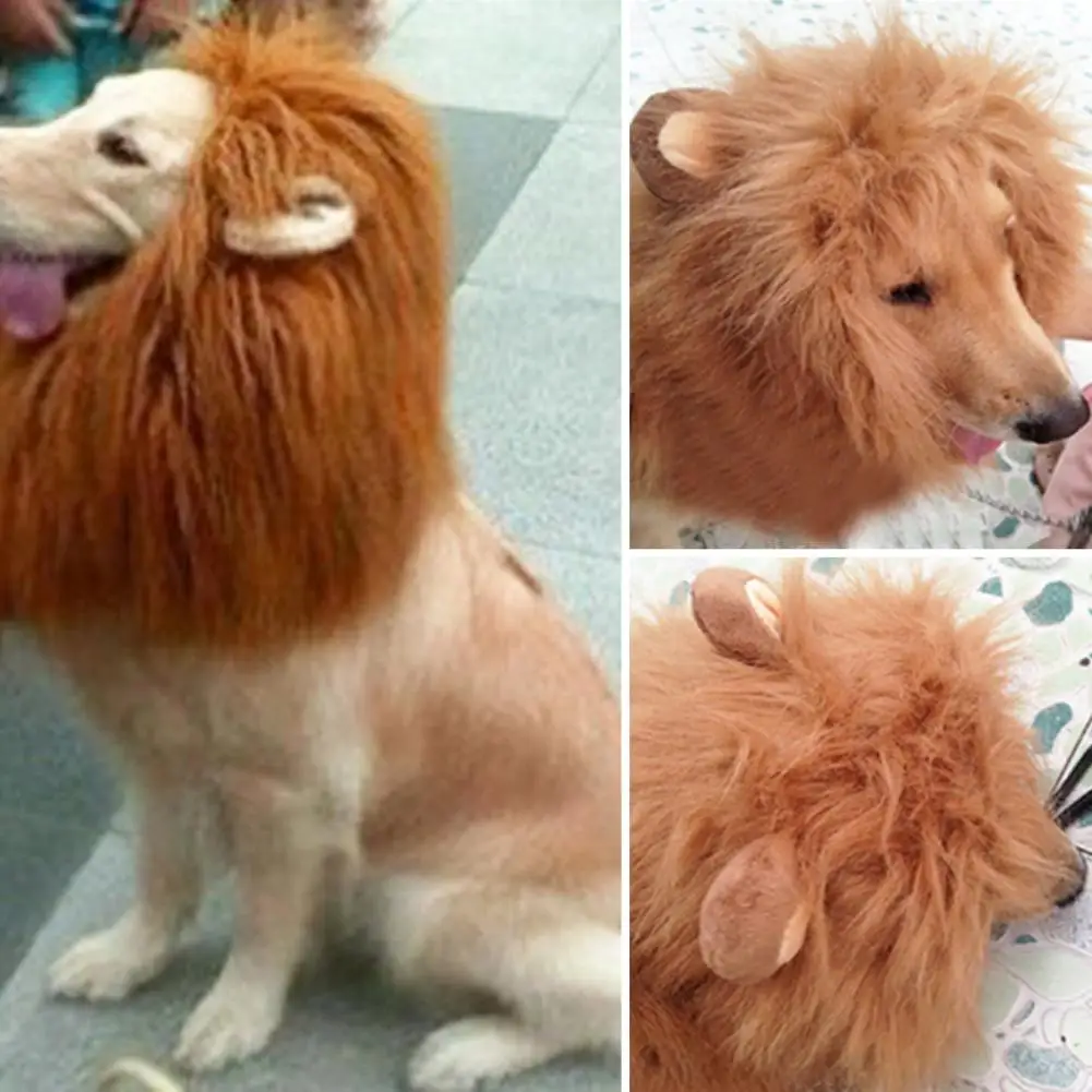 Dog Lion Mane with Ears Adjustable Pet Lion Wig Brown Lion Mane Tail Costume for Medium to Large Dogs 19-28 Inches Neck Size