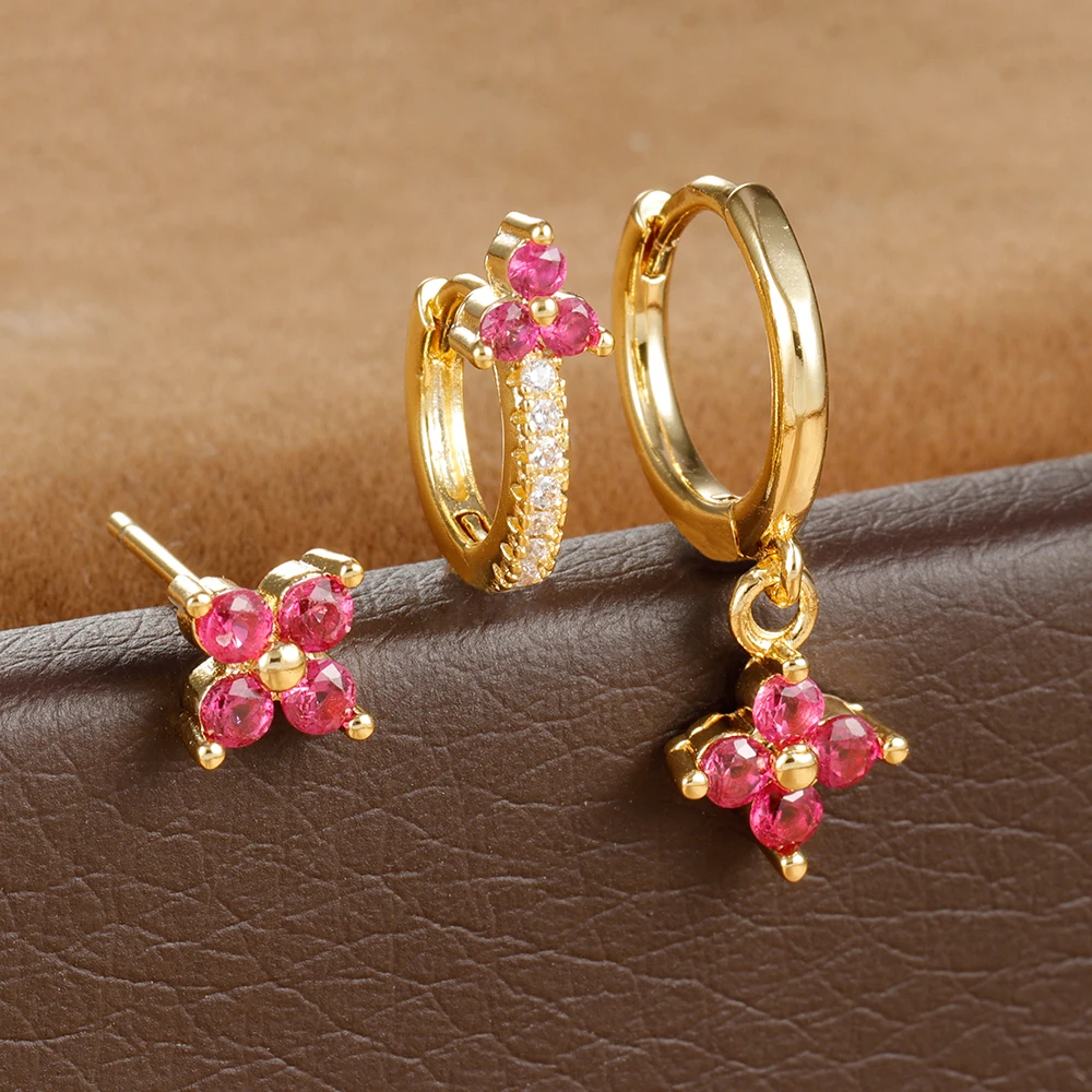 3PCS Stainless Steel Hoop Earrings Set For Women Multicolor Crystal Geometry Zircon Gold Plated Huggie Pendant Piercing Jewelry