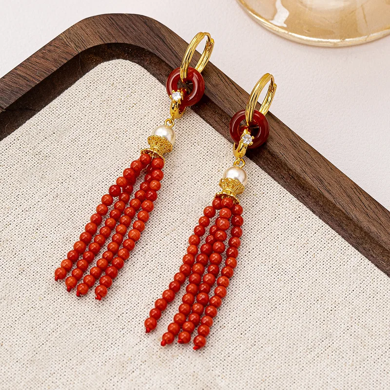 

2025 New Arrival Red Beads Strand Tassel Earrings for Women Long Beaded Ear Buckles Retro Coral Pearl Chinese Style Earrings