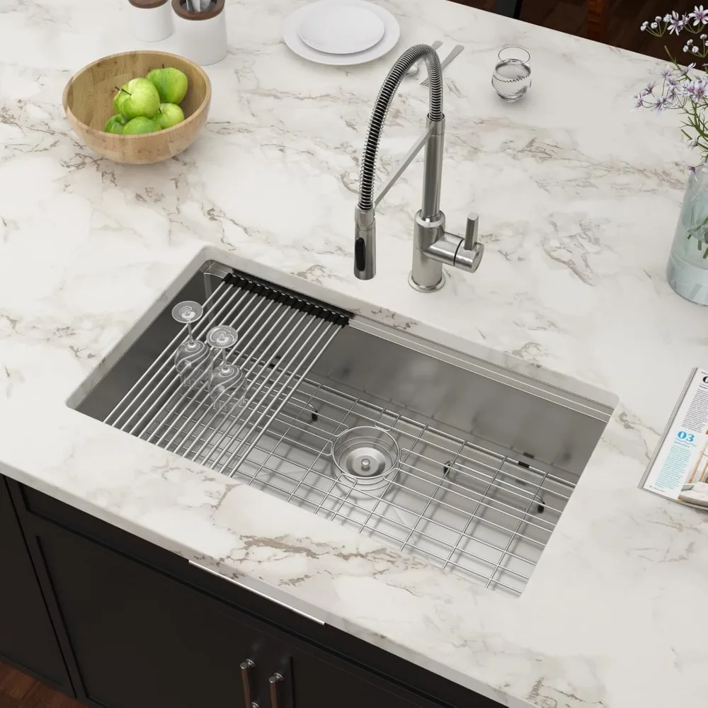 30 Inch Undermount Kitchen Sink 16 Gauge Stainless Steel Workstation Round Corners Single Bowl Under Counter Kitchen Sinks Basin