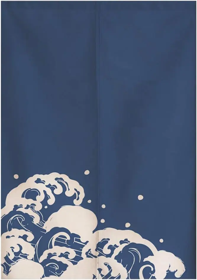 Stylish Blue Ocean Wave Noren Curtain, Japanese Great Wave with Bubble Design,Rod Pocket Door Curtain for Bedroom Cafe Sushi Bar