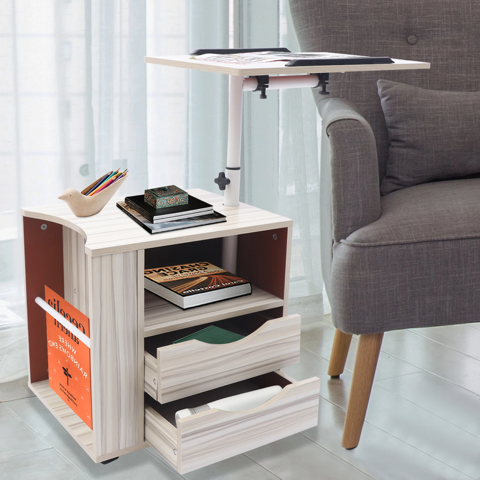 Laptop Desk Bedside Table with Lift Up Top - Modern Nightstand 2 Drawers w/Wheel