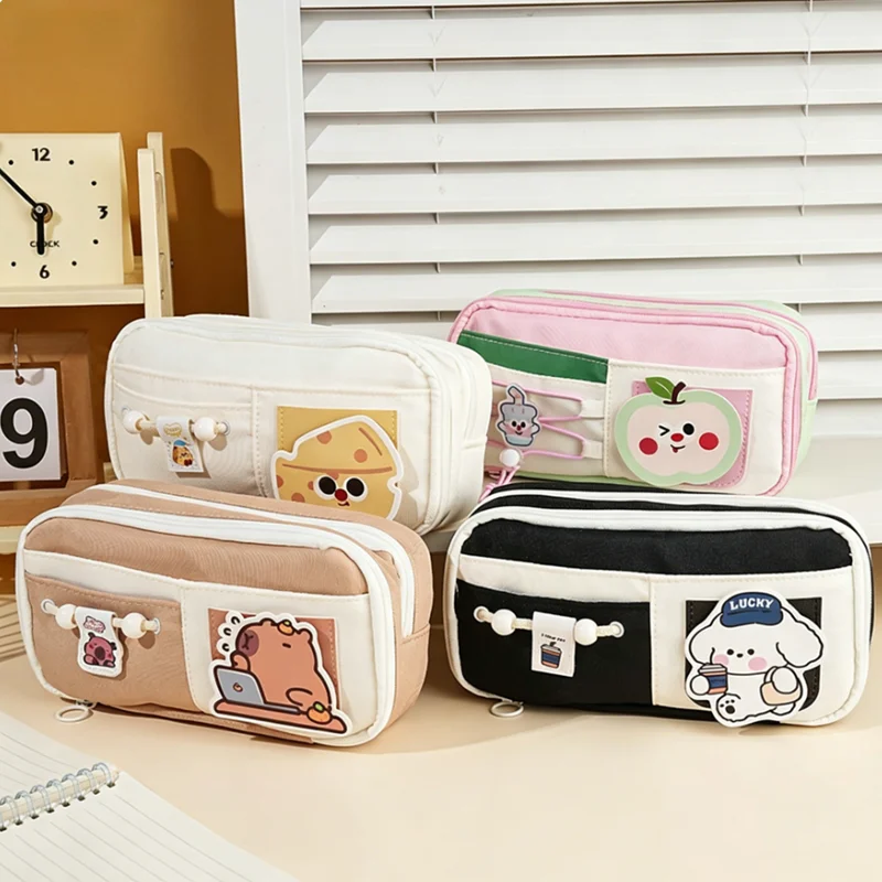 Cute Cartoon Patch Pencil Case, Canvas Stationery Bag with Multi-compartment Design