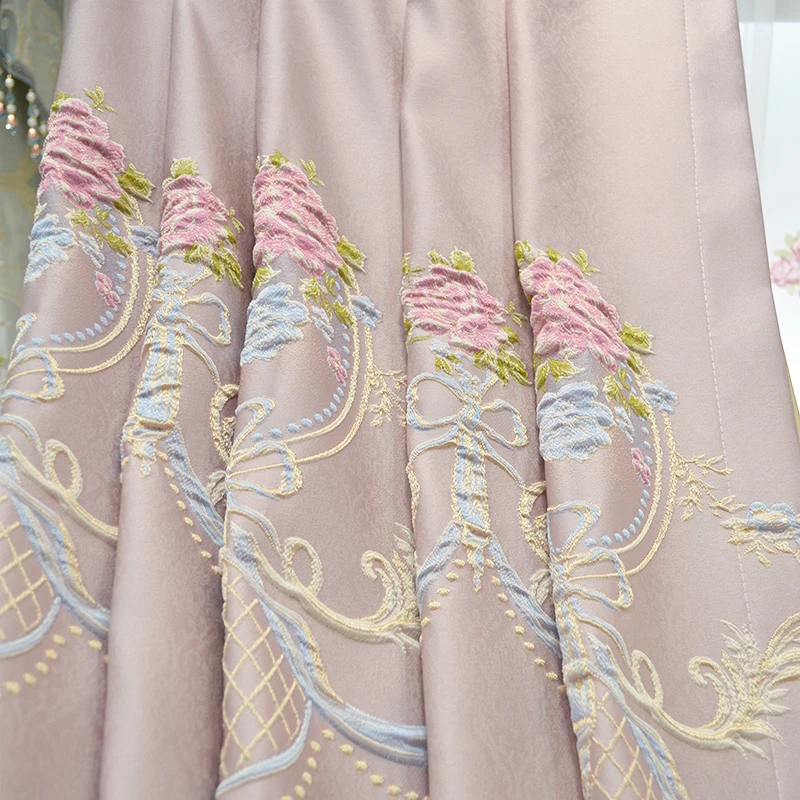 Luxurious Embossed Embroidery Bedroom Bay Floor-to-ceiling Window Pink Children's Room Warm Finished Product Customization