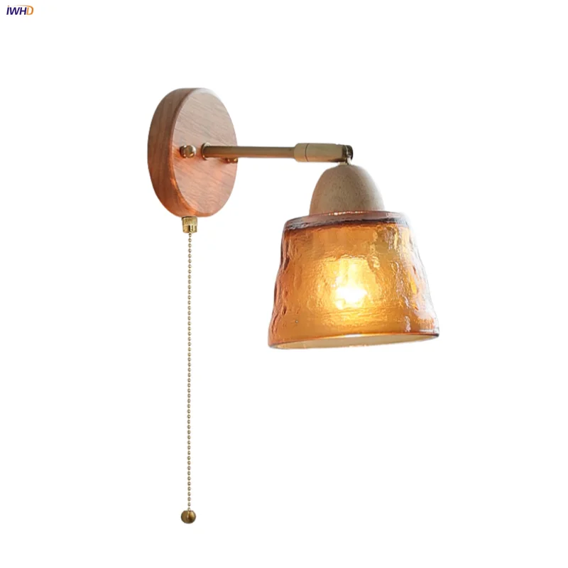 IWHD Wood Canopy LED Wall Lights Reading Living Room Pull Chain Switch Amber Glass Nordic Modern Bedside Lamp Sconce Luminaire