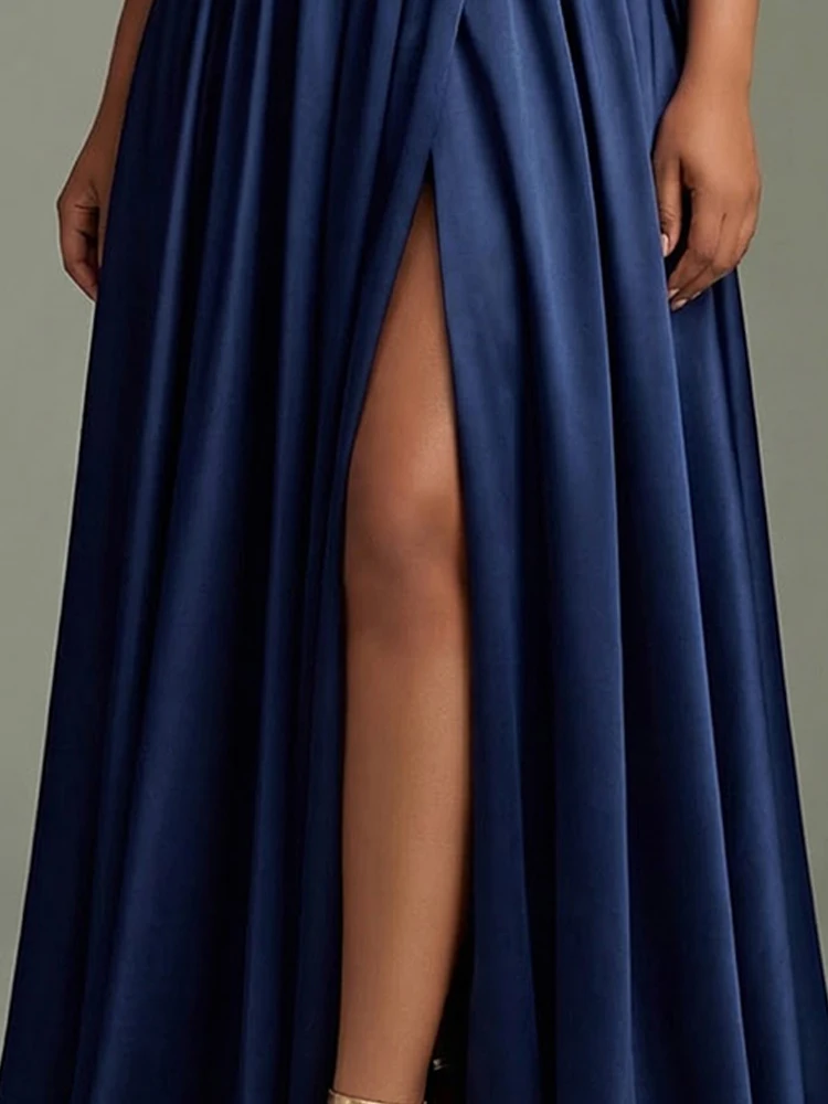 Elegant Women's Navy Satin Formal Evening Gown Puff Sleeve Deep V Neck High Slit Maxi Dress Plus Size Wedding Guest Party Dres view 2