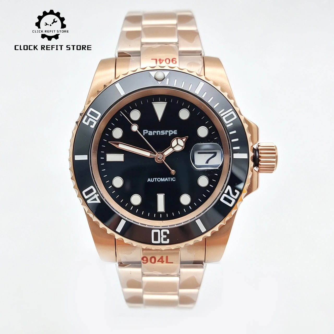 NH35 40mm Rose Gold Men's Watch, Ceramic Bezel Black Logo Luminous Dial Sapphire Crystal Date Solid Caseback 50M Waterproof