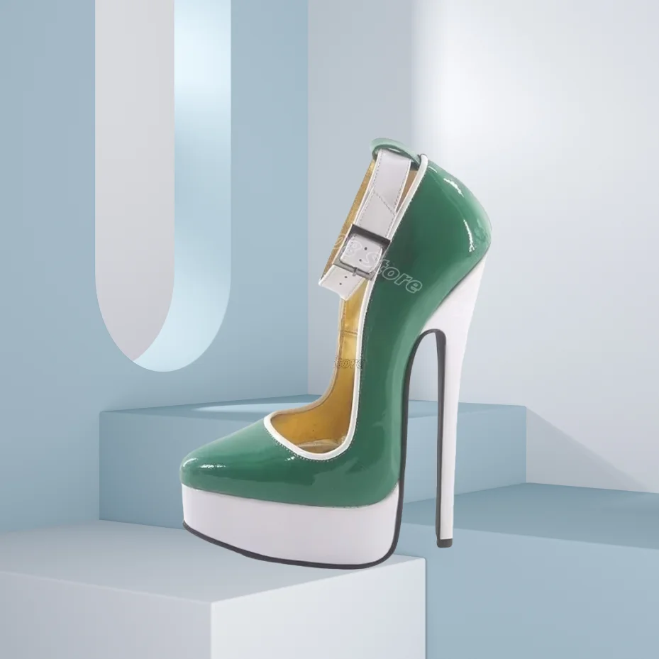 

Bicolor Patent Leather Platform Pumps Ankle Buckle Stiletto Heels British Style Party Dress Sexy Women Shoes Zapatos Para Mujere