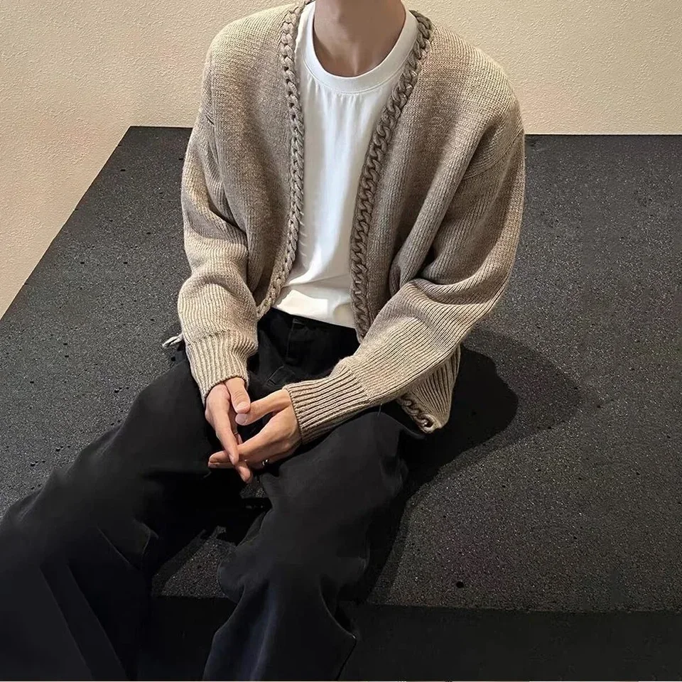 Mens Sweater Cable Pattern Warm Casual Knitted Sweater Autumn Personality Outdoor Wear All-Match Cardigan Top Men'S Clothing