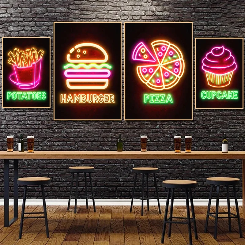 Neon Effect Food Burger Pizza Ramen Coffee Cupcake Restaurant Posters Prints Canvas Painting Wall Pictures Kitchen Decor NO LED