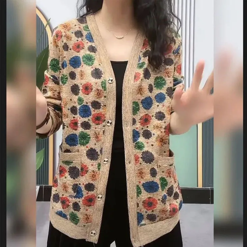 Elegant Long Sleeve Printed V-Neck Button Cardigan Spring Autumn Thin Vintage Casual Pockets Floral Sweaters Female Clothing