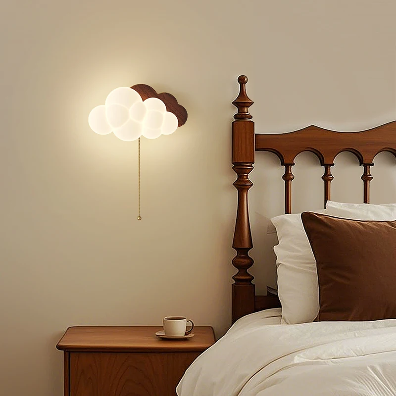 Medieval Style Walnut White Cloud Bedside Wall Lights Zipper Switch Plug Switch Living Room Aisle Children's Room Wall Lamps
